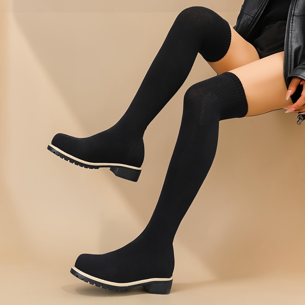 TEMU Black Stretch Knit Over-the-knee Socks Boots Women's Autumn Winter Thick Sole All-match Casual Long Boots, Women Shoes