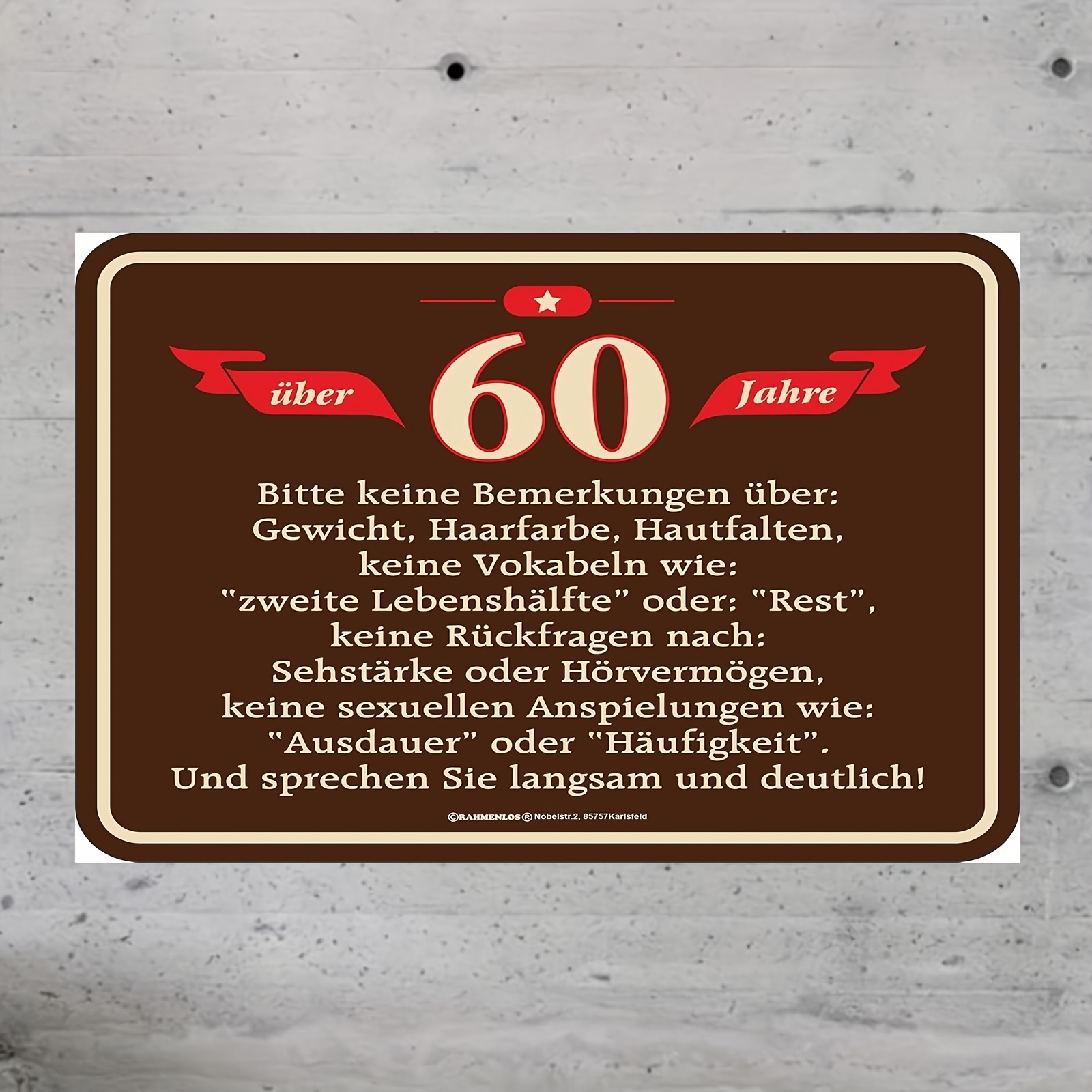 

1pc Tin Sign - 60th Birthday Decorative Art Poster With Inspirational German Quote, Brown Iron Wall Decor For Home Or Office, Vintage Metal Tin Sign