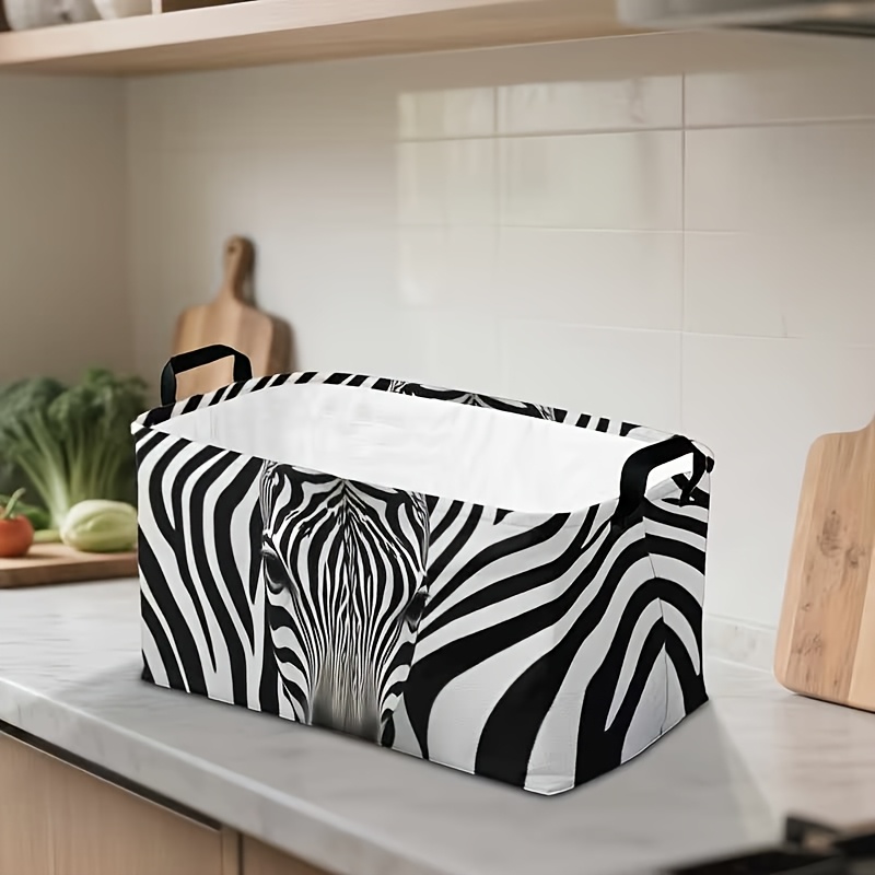 TEMU 1pc, Dokriy,zebra Printed Storage Basket, Storage Box With Handle, Foldable Laundry Basket For Bedroom And Living Room