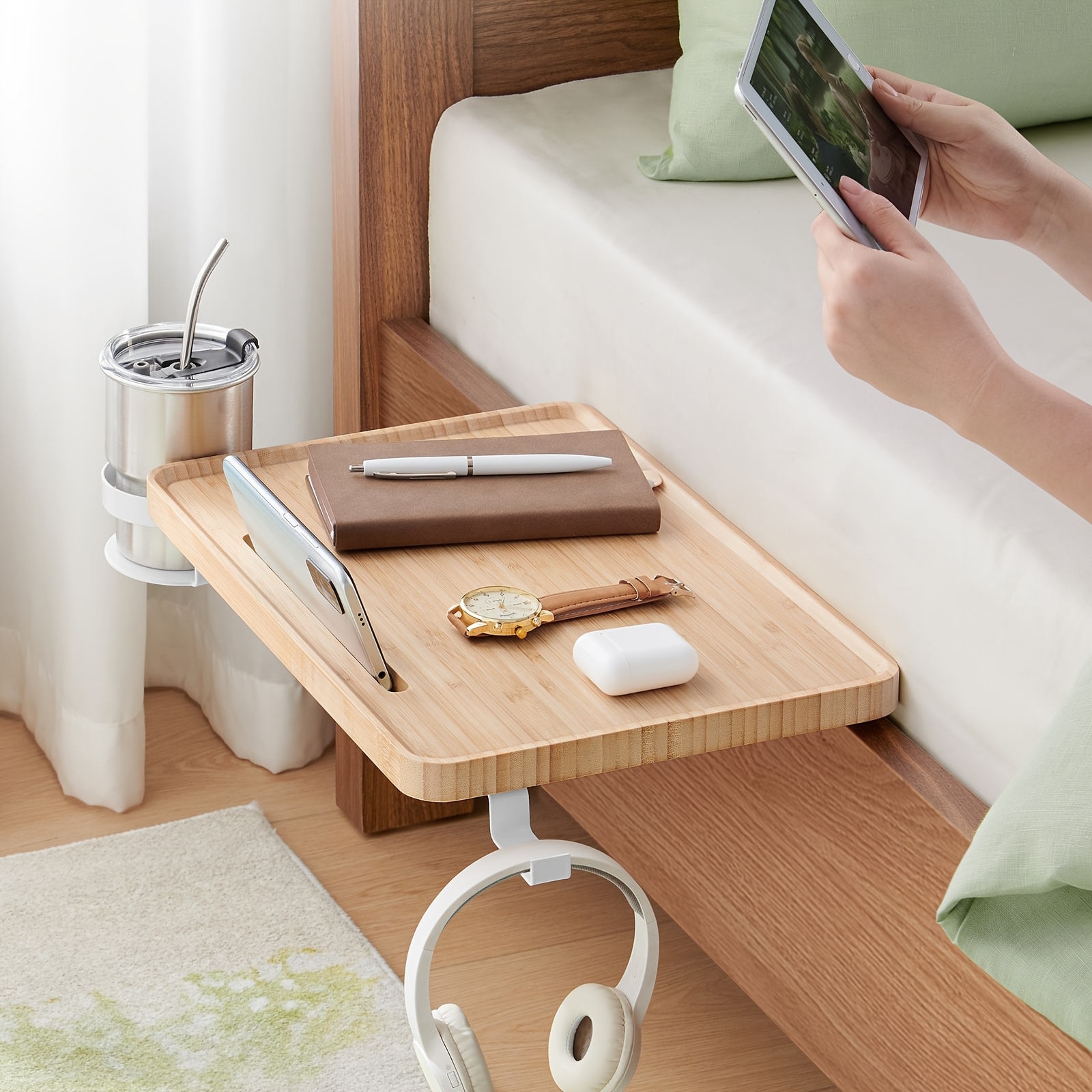 Bedside Table, Bedside Shelf For Bunk Bed, Loft Bed, Top Bunk, Nightstand Hanging Tray With Mobile Phone Slot, Swivel Cup Holder, Hook, Adjustable Clamps, Dormitory