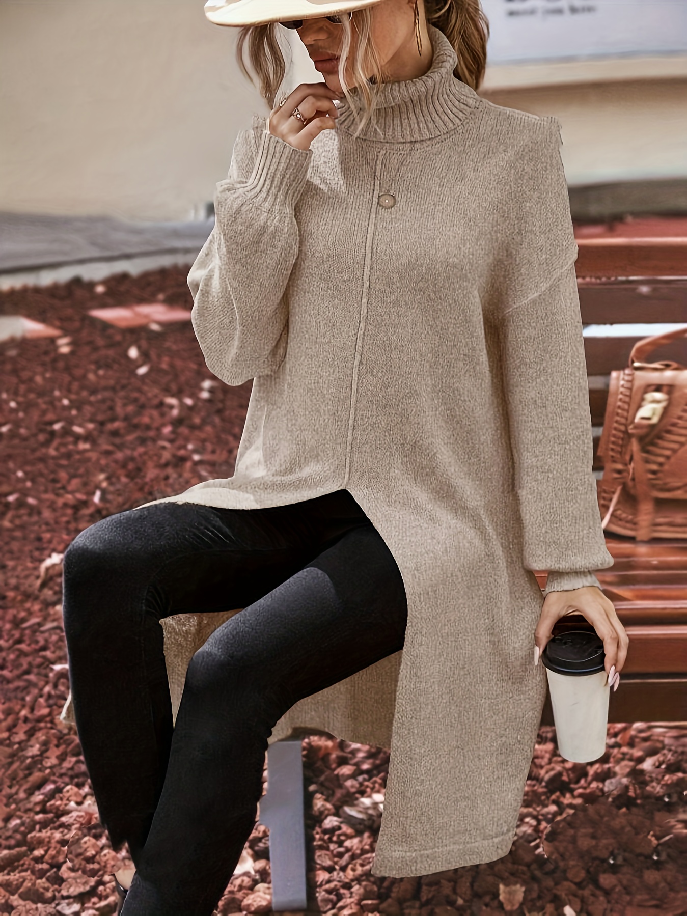 split hem turtle neck long length sweater casual solid color long sleeve sweater for fall winter womens clothing details 2