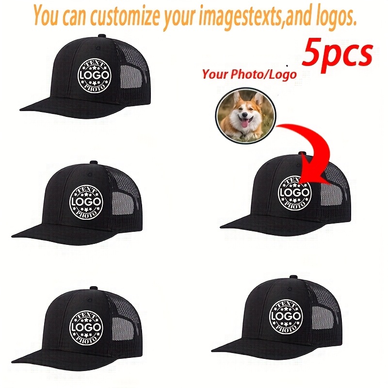 TEMU Set Of 5 Personalized Logo Trucker Hats, Unisex Breathable Mesh Caps With Adjustable Back Strap, Sturdy Headgear For Outdoor Use, Custom Gift