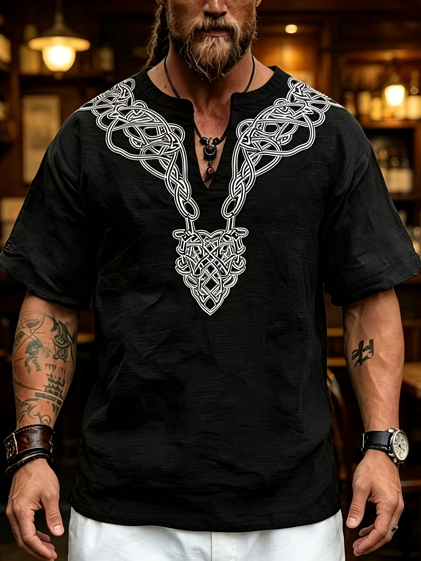item picture 2026 new mens viking style celtic knot print short sleeve shirt vintage   style v neck   casual loose   size t shirt