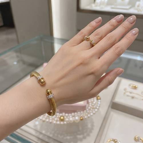 2pcs open wire round bangle and ring set stainless steel 18k golden plated anti fade waterproof twist design jewelry gift suitable for womens daily party wear additions valentines day mothers day gift