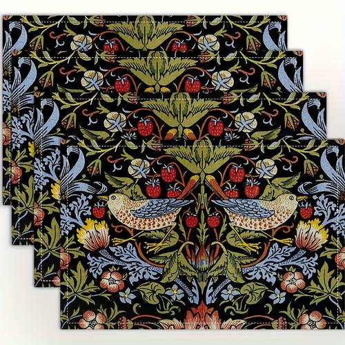 4pcs william strawberry linen placemats 12 18 inches rectangular black background floral bird print machine washable suitable for family restaurants kitchens and catering decorations pattern