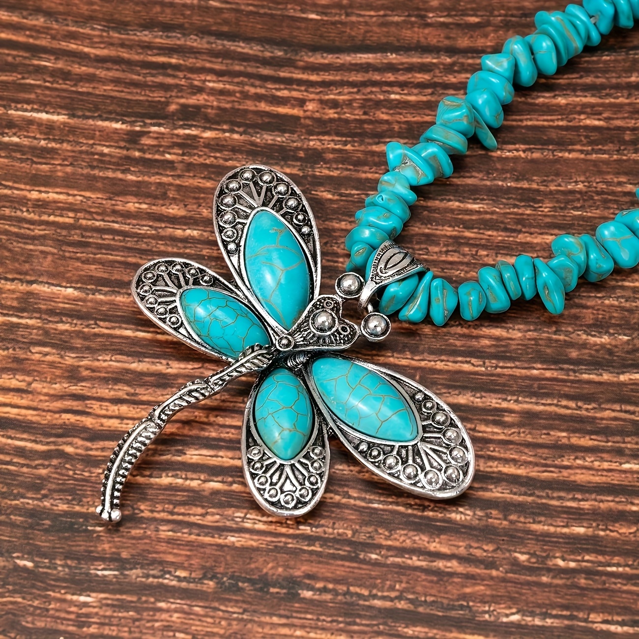 TEMU Retro Bohemian Style Turquoise Dragonfly Necklace Fashion Carved Heavy Pendant Necklace For Women Casual Party Jewelry Gifts