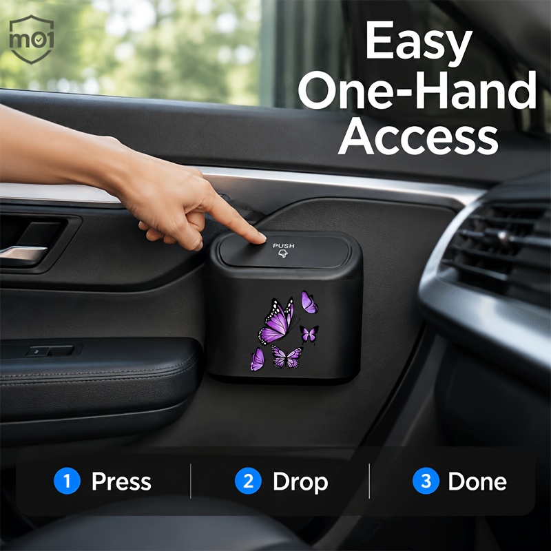 TEMU 1pc Push Spring Lid Car Storage Bin Purple Pattern Print With Back Clip Hook, Hanging Mini Car Storage Bin, Portable Small Auto Waste Container