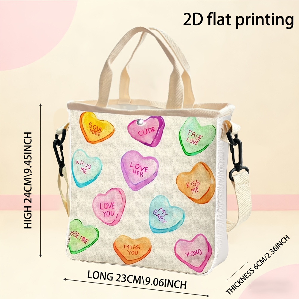 TEMU Tote Bag With 2d Printed Colorful Heart-shaped Candy Quotes, Made Of Durable, Portable Small Storage Lunch Box Bag, Ideal For Travel, A Perfect