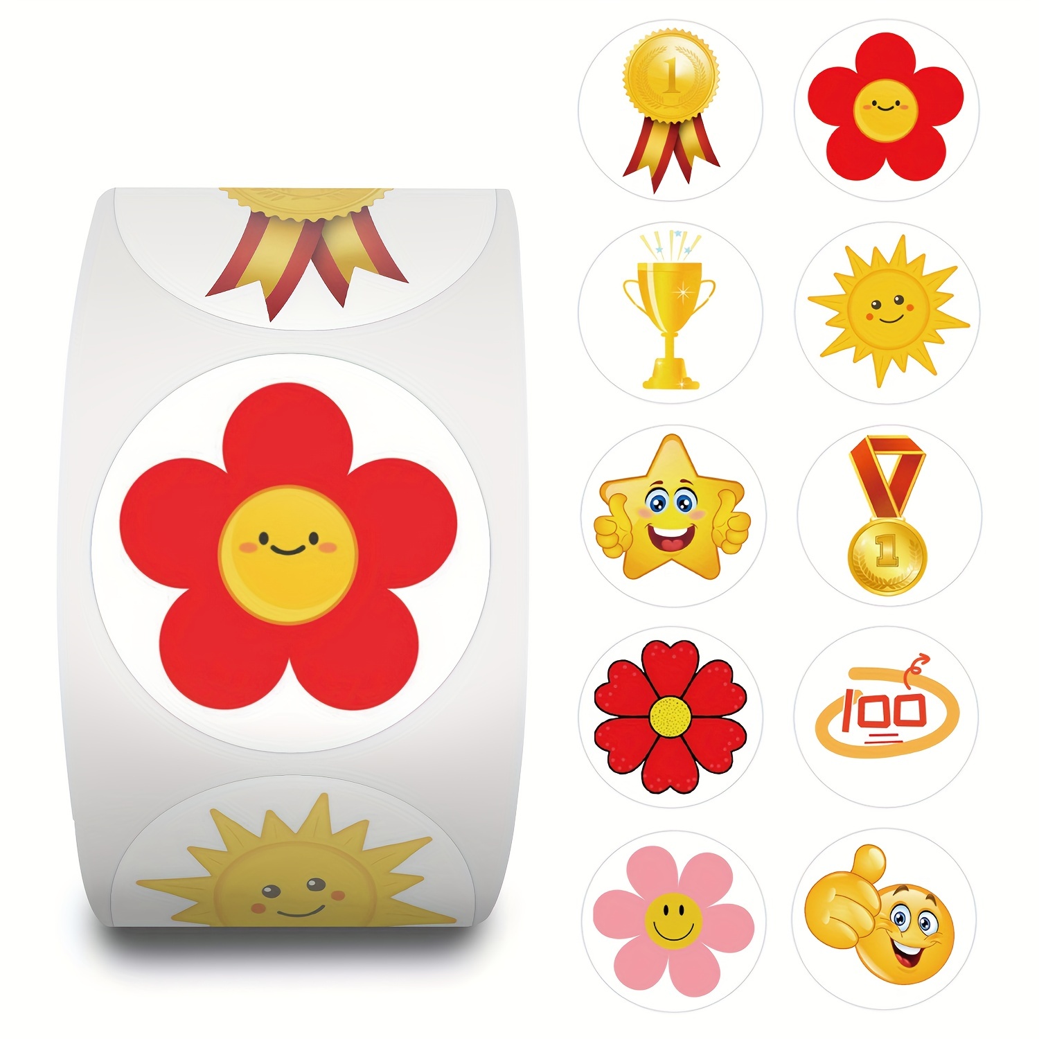 

500-count Reward Stickers Roll - Motivational Paper Stickers With Flower, Sun, Trophy, Medal, And 100 Score Designs For Teachers, Classroom, Students, Party Favors, Craft Decoration Labels