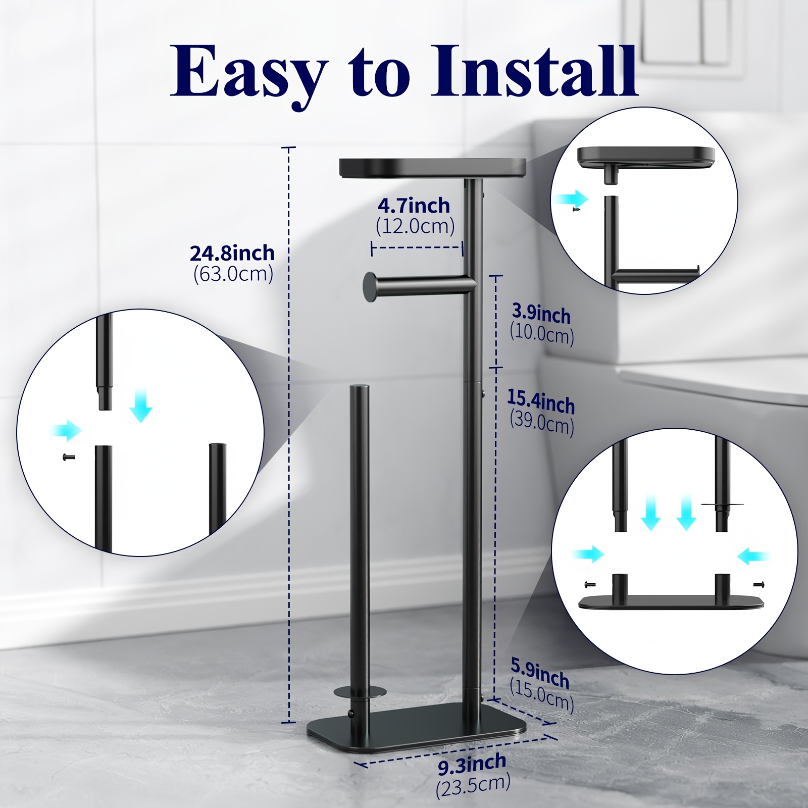 Image of Toilet Paper Holder Free Standing Rustproof Metal Toilet Paper Stand For 4 Rolls With Anti-slip Base And Shelf For Phone & Small Items, Bathroom Organizers And Storage, Medium, Black