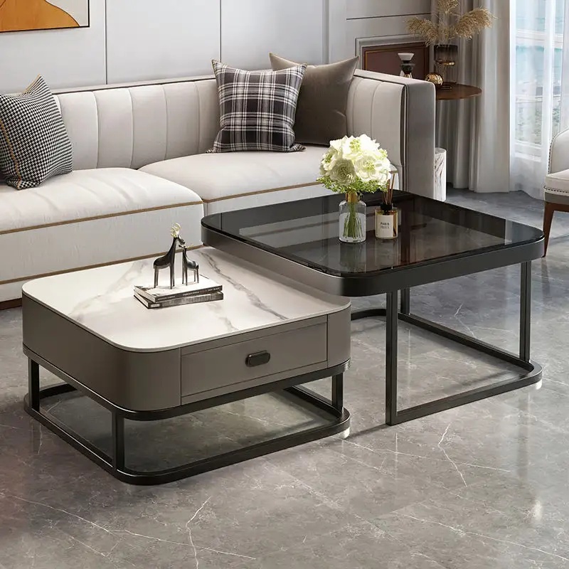 A combination set of a 27.5-inch tempered glass large table and a 23.5-inch slate small table, square coffee table, tea table, suitable for various scenes such as living room, bedroom, courtyard, reception room, etc.