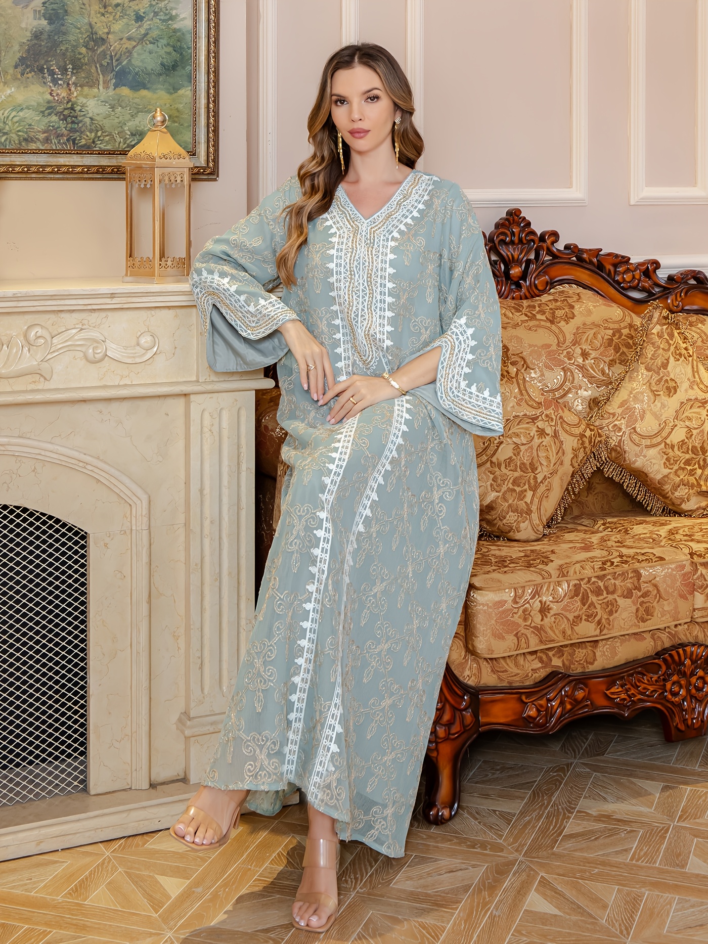 open lace back dress Muslim beading Evening Dresses High Neck Dubai Long Sleeve prom gown M   Siaoryne
