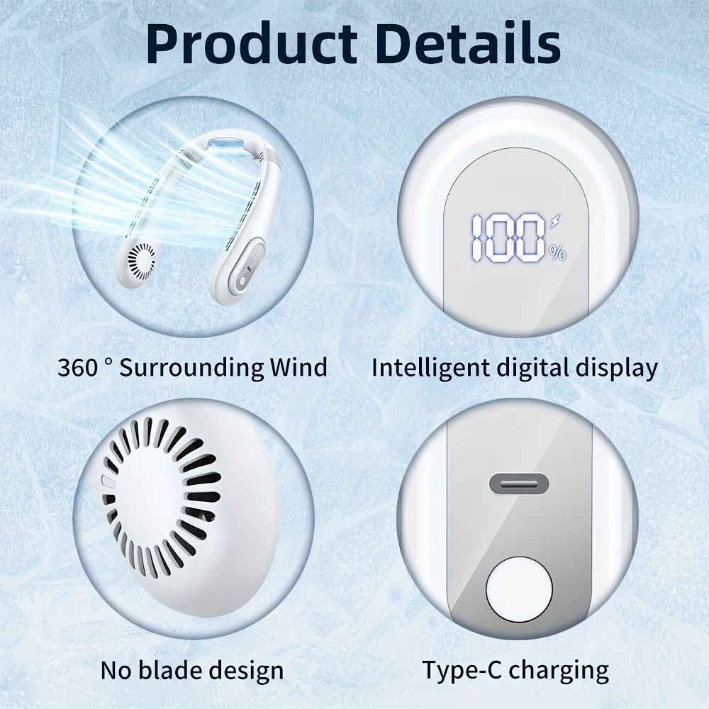 1pc bladeless portable neck fan with high velocity feature usb rechargeable wearable fan with button control 2 5w personal cooling device for indoor and outdoor use   with 3000mah lithium battery details 4