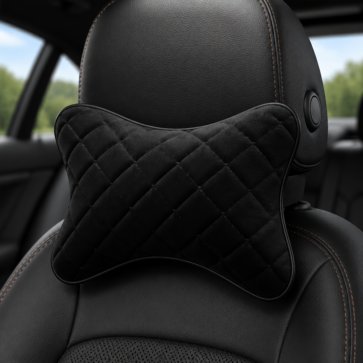 TEMU 2-in-1 Ergonomic Car Neck Pillow Headrest Support Cushion – Soft Quilted Breathable Memory Foam Neck Rest For Driving – Adjustable Strap