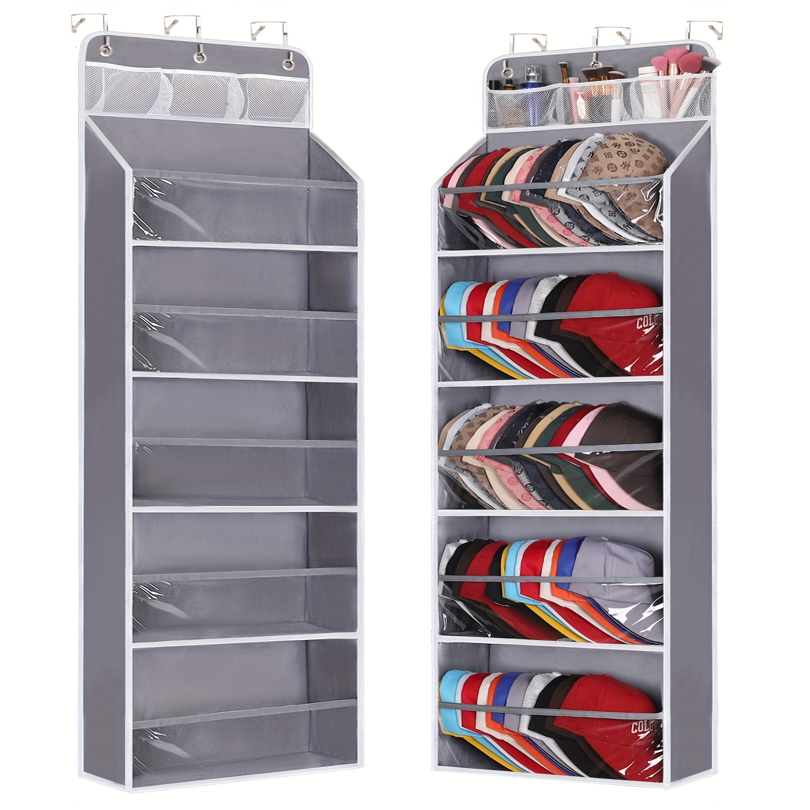 

1pc Hanging Hat Rack For Baseball Caps, Clear Deep Pockets Closet, Wall Mounted 60-hat Storage Organizer With 3 Hooks, Cap Display Holder, Ideal Home Supplies