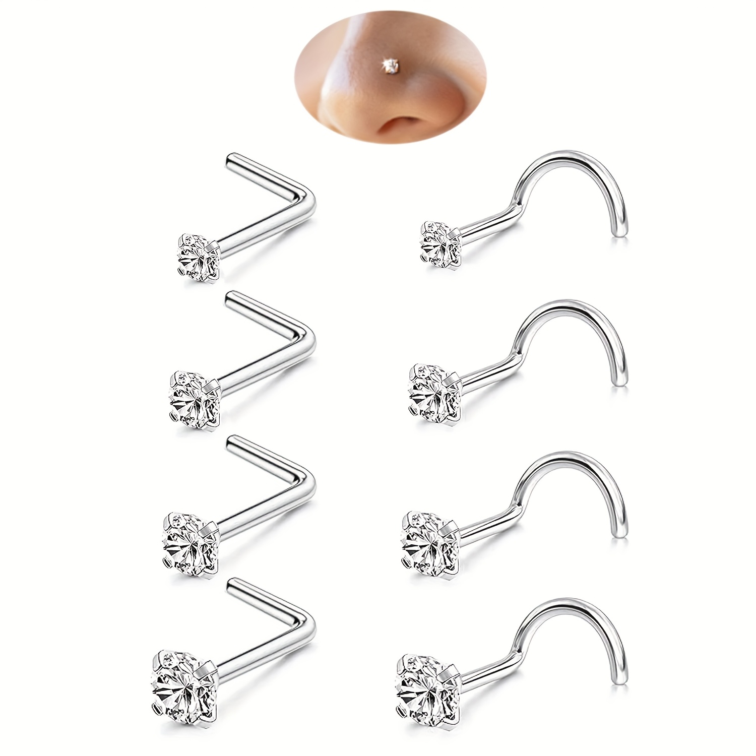 TEMU Set di 8 orecchini da naso per - Ipoallergenici dorati/argentati in acciaio inossidabile chirurgico 316L, orecchini da naso a forma di tappo,