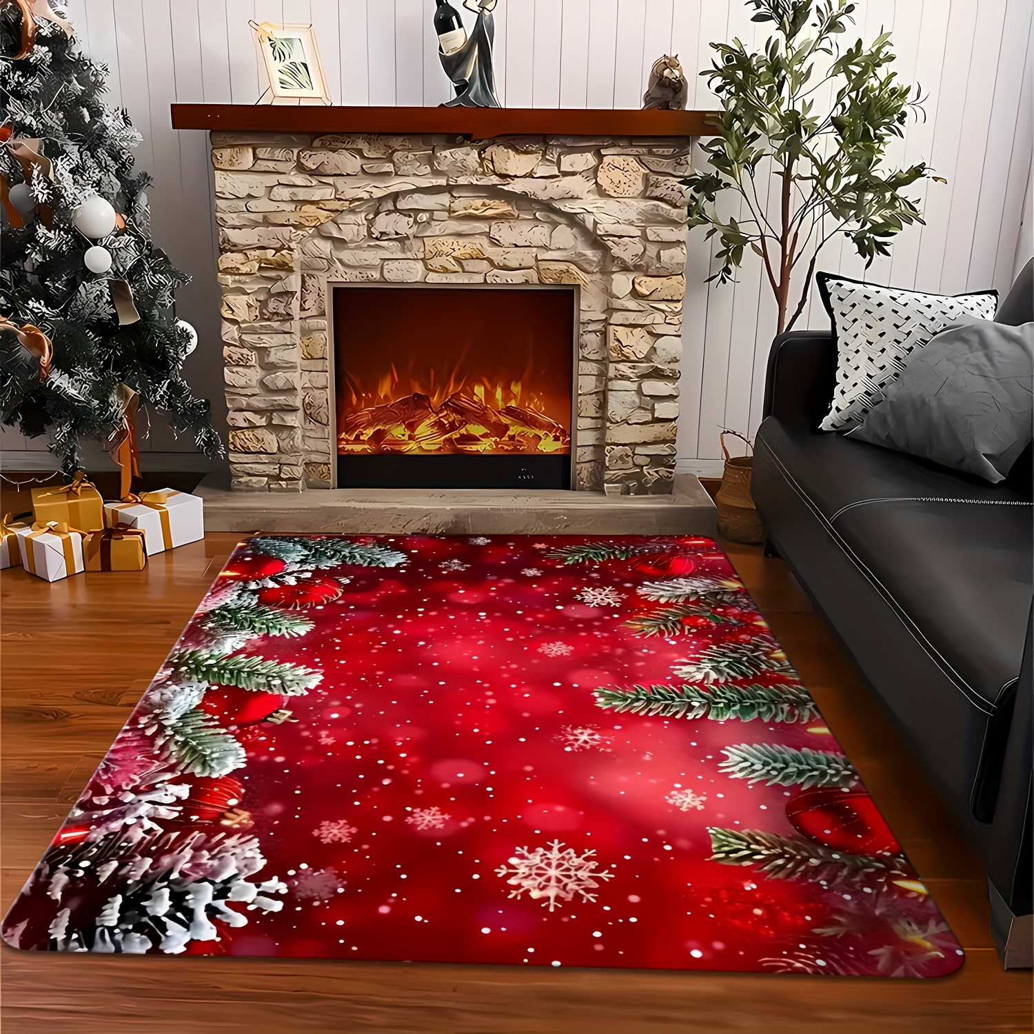 TEMU [product] 1pc, Christmas, Christmas Red Gift Decorative Floor Mat, Thickened Large Area Rug For Living Room - Machine Washable, Carpet, Suitable