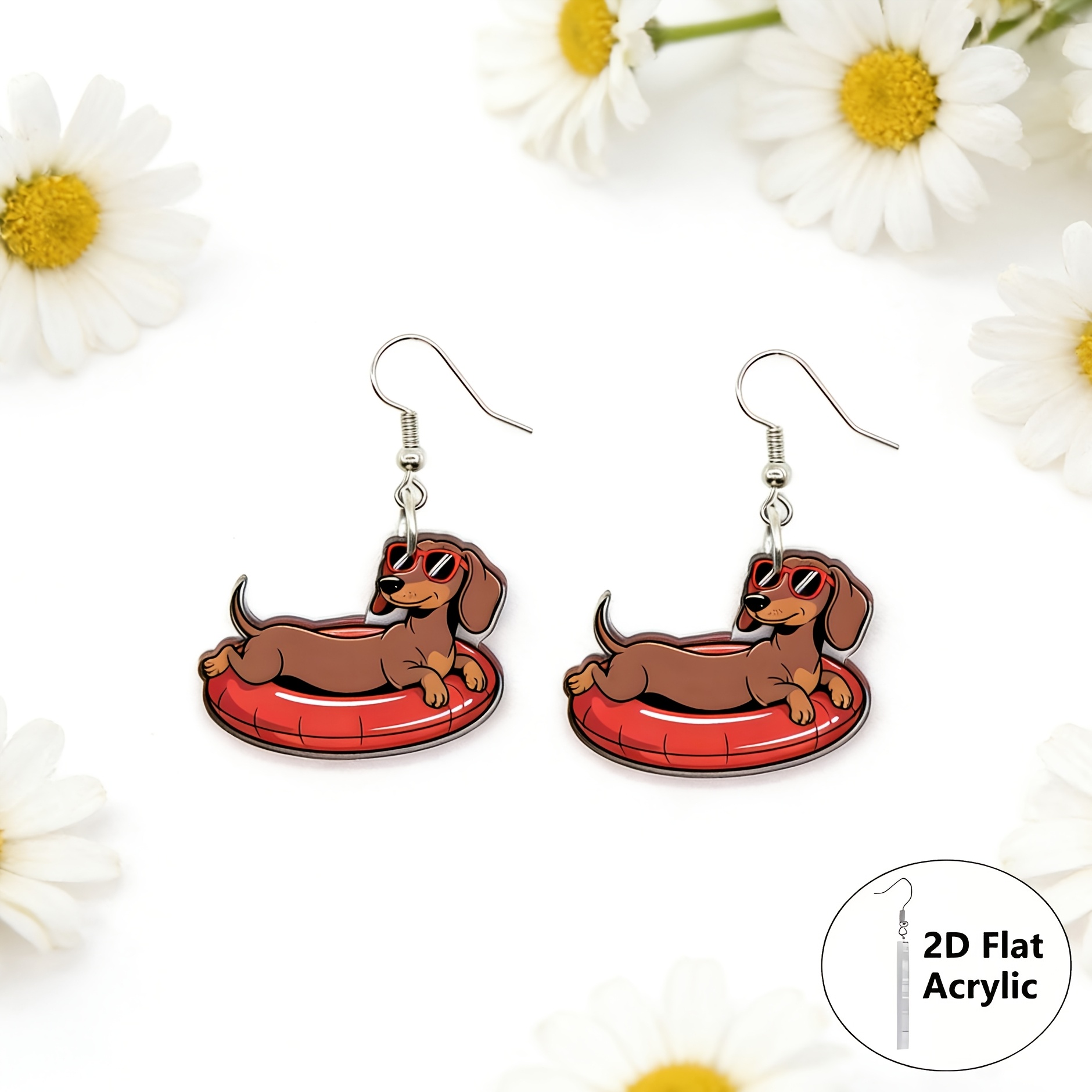 Watercolor Summer Swim Ring Dachshund Acrylic Earrings