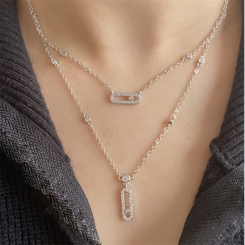 Elegant Double-Layered Paperclip Pendant Necklace with Sparkling Cubic Zirconia - Versatile Fashion Accessory for Women details 2