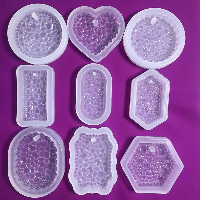 

9pcs Silicone Resin Mold Set, Crystal Epoxy Diamond Texture, Round & Oval Shapes, For Pendants And Tags Crafting