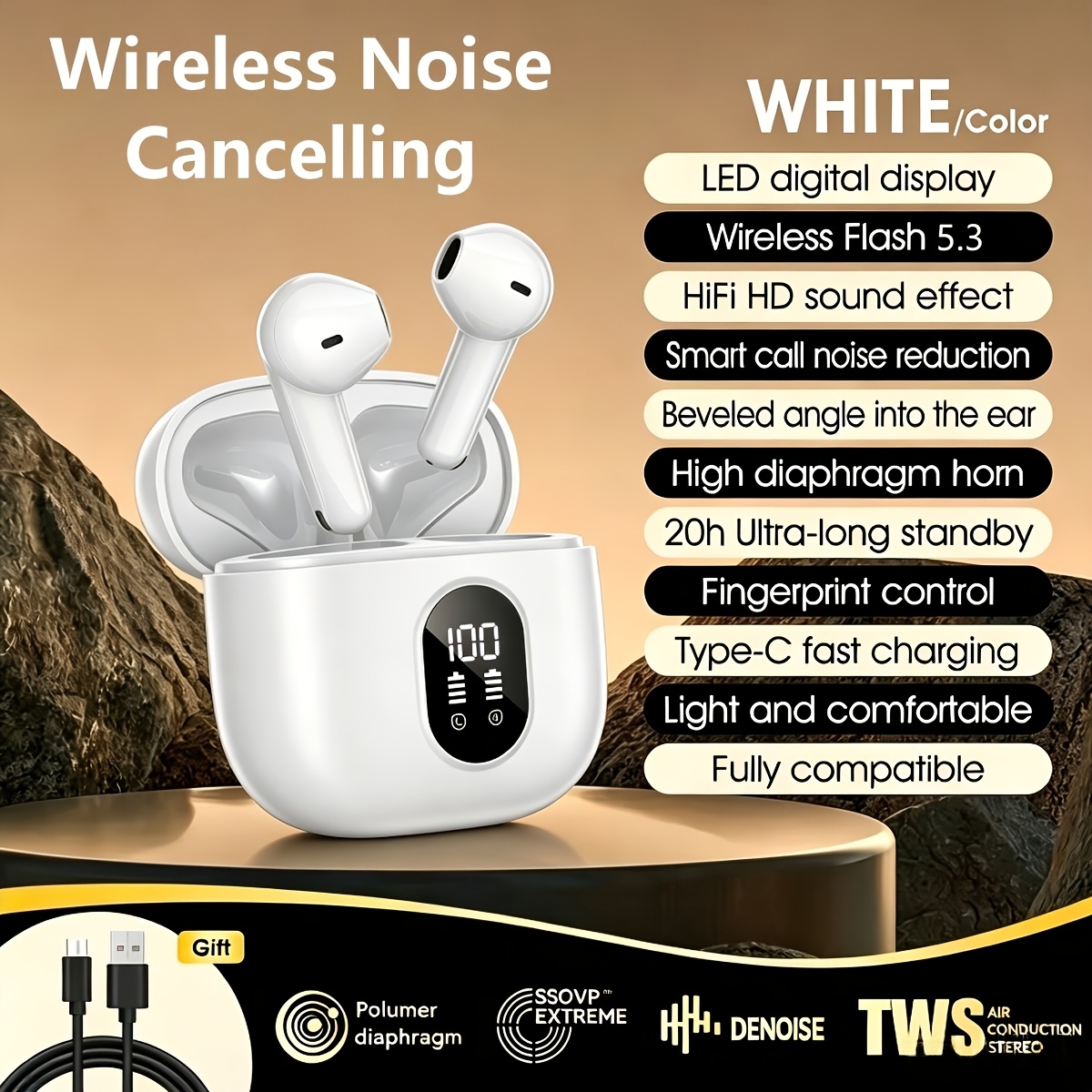 Image of Bt 5.3, 50h Playtime Stereo Earphones, 4 Enc Mics Led Display Noise Cancelling, - High-quality Portable In-ear Headphones