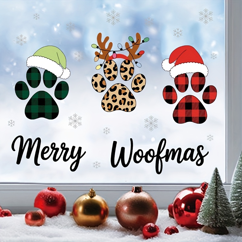 TEMU 1pc Print Wall Sticker, Christmas Checkered, Leopard Print, Deer Antlers, "merry Woofmas" Pet Lovers' Christmas Greeting, Window Christmas