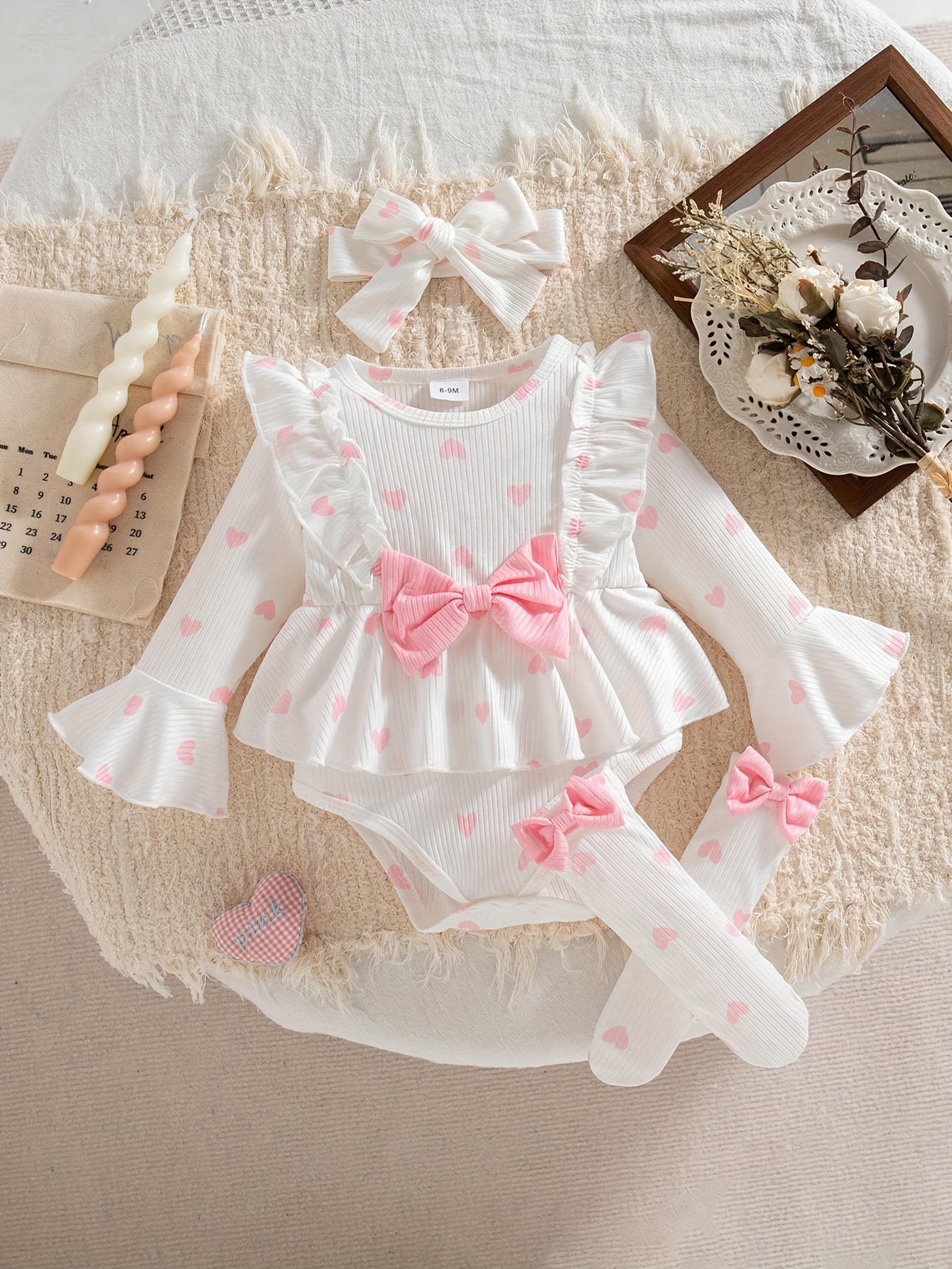 Herfst en Winter Schattige Lieve Lelie Bloem Kant Schouder Perzik Rood Driedimensionale Strik & Strik Sokken En Haarband Driedelige Set