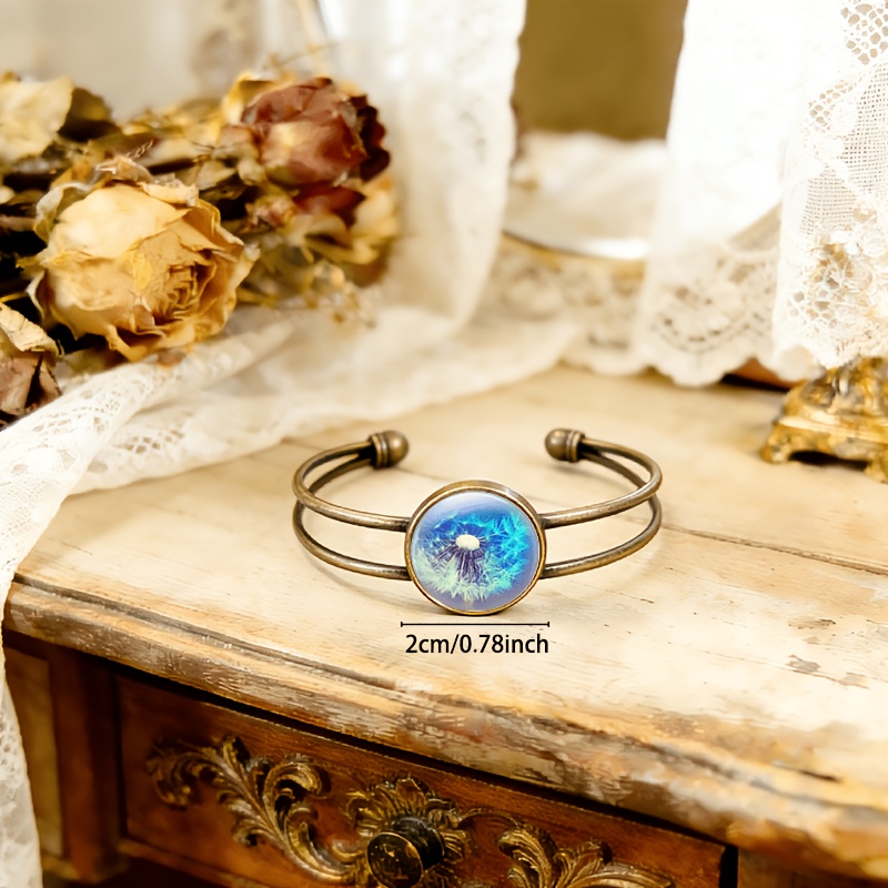 Antique Cyan Double-Layer Adjustable Opening Bracelet, Dandelion Design