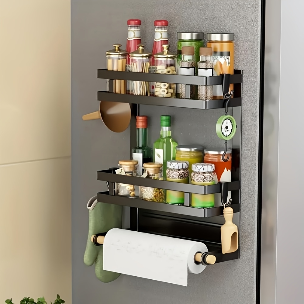 TEMU Magnetic Spice Rack For Refrigerator, Magnetic Shelf For Fridge Magnet Organizer Moveable Magnetic Paper Towel Holder With 4 Hooks For Kitchen Oven Space Saving