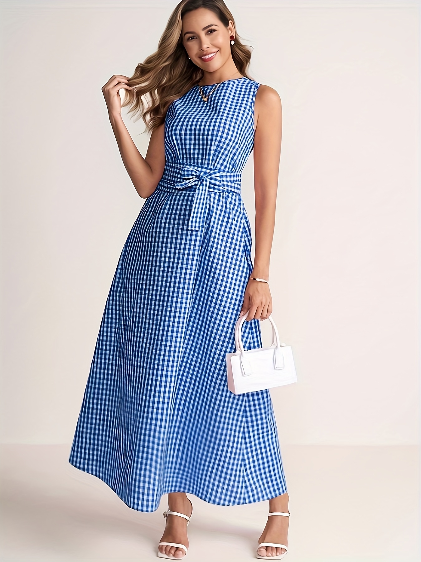 womens red white gingham a line dress adjustable waist tie - Temu Portugal