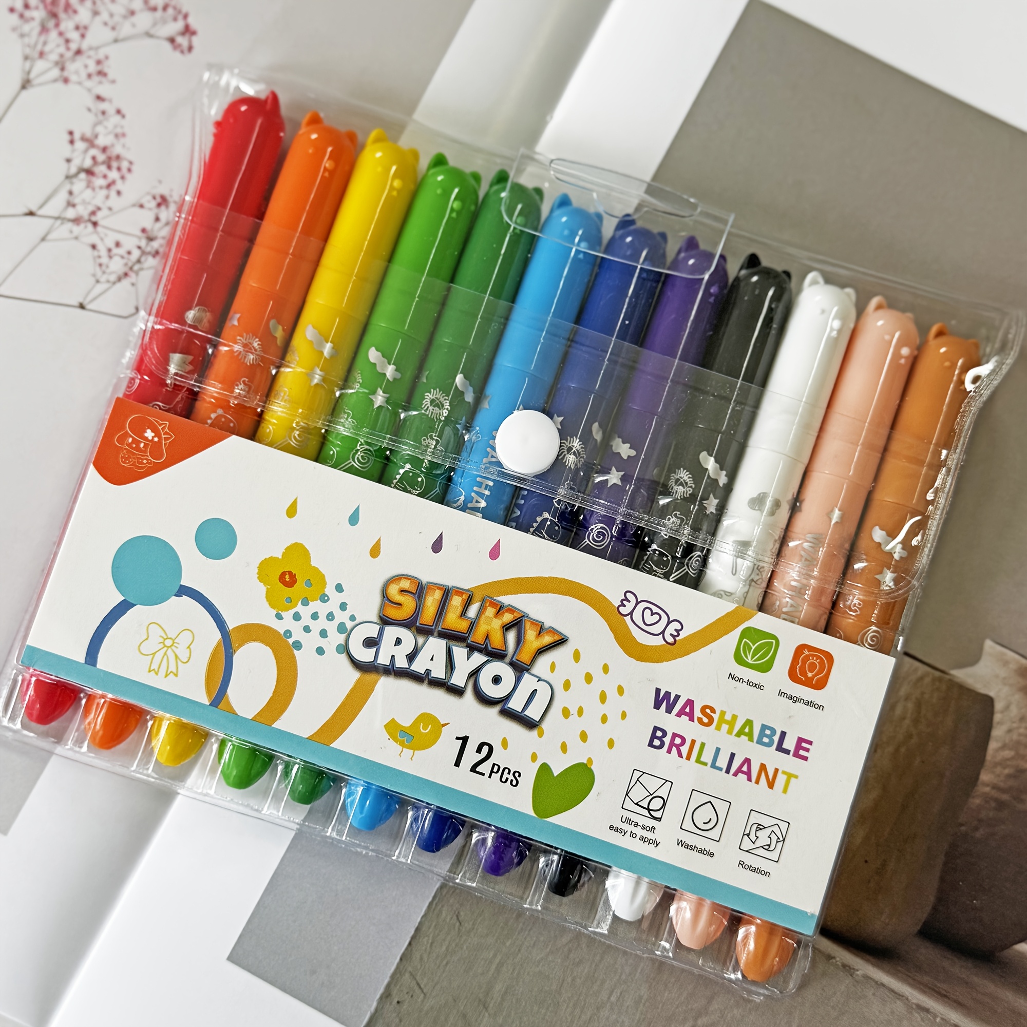 TEMU 12pcs Cute Colored Gel Crayons, Cat Non-toxic Set For Coloring, Washable & Silky Crayons, Ideal For Paper