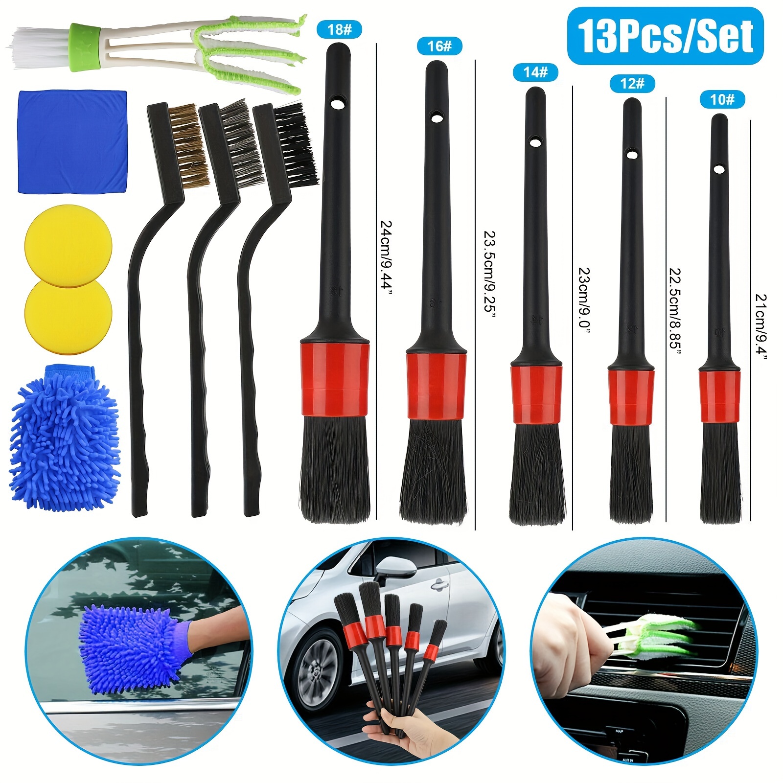 

13-piece Car & Motorcycle Detailing Brush Set - Leather, Air Vent & Dust Cleaning Tools For Interior And Exterior Maintenance