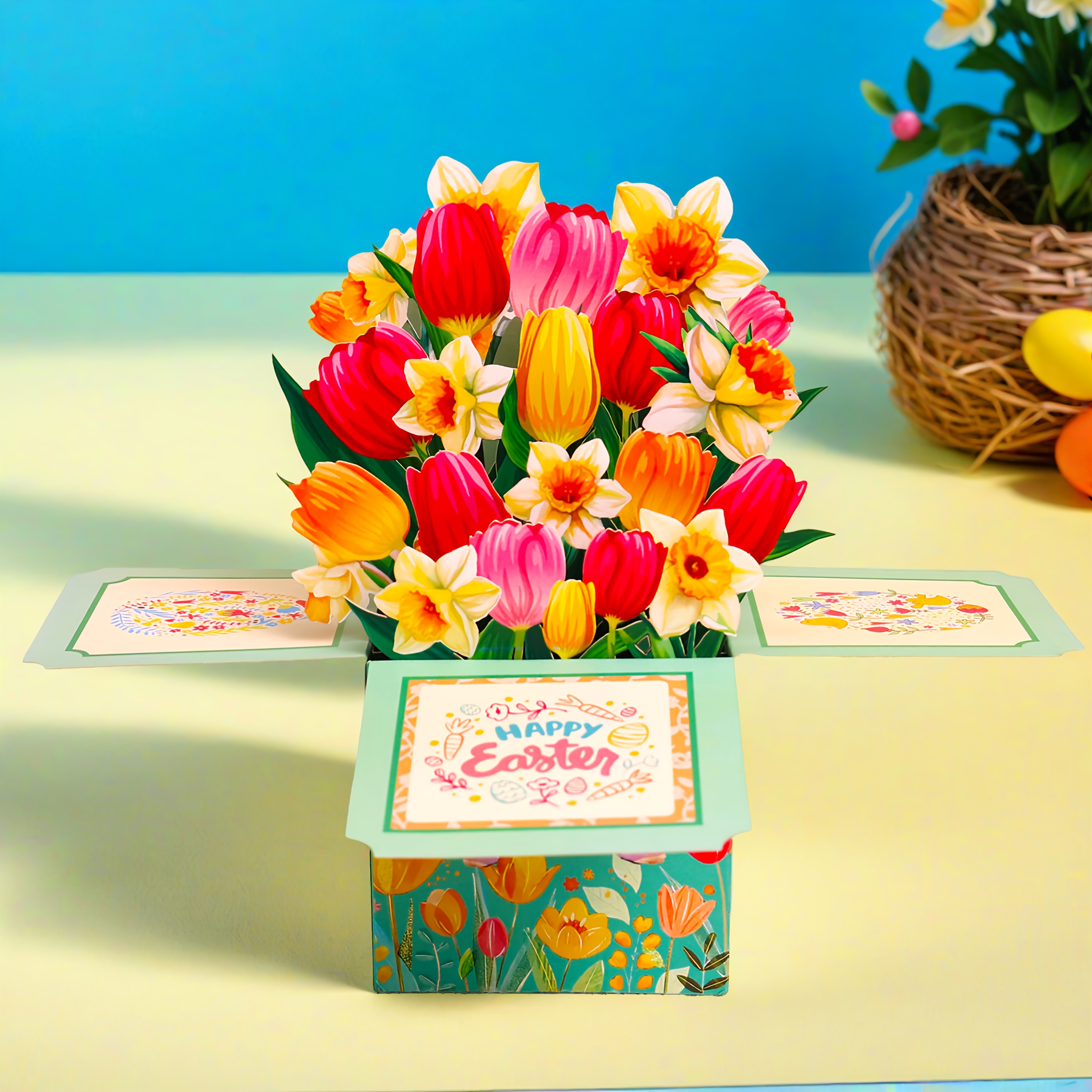 TEMU 1pc Pop Up Card, Happy Mother's Day Tulip Daffodil Greeting With Note Card Behind And Envelope