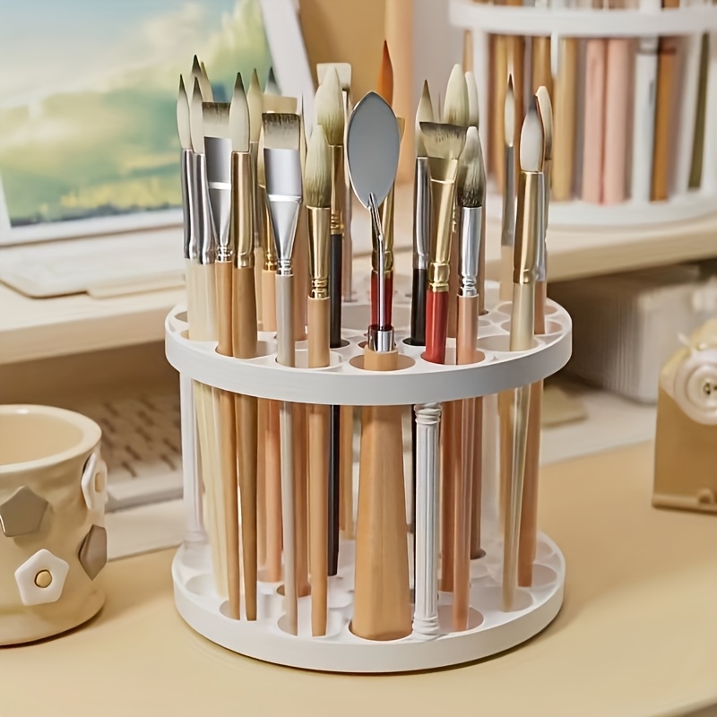 360? Rotating Brush Holder - Glazed Plastic Insert Stand, Suitable for Art Brushes, Pens, Makeup Tools - Space-Saving White Desktop Accessory