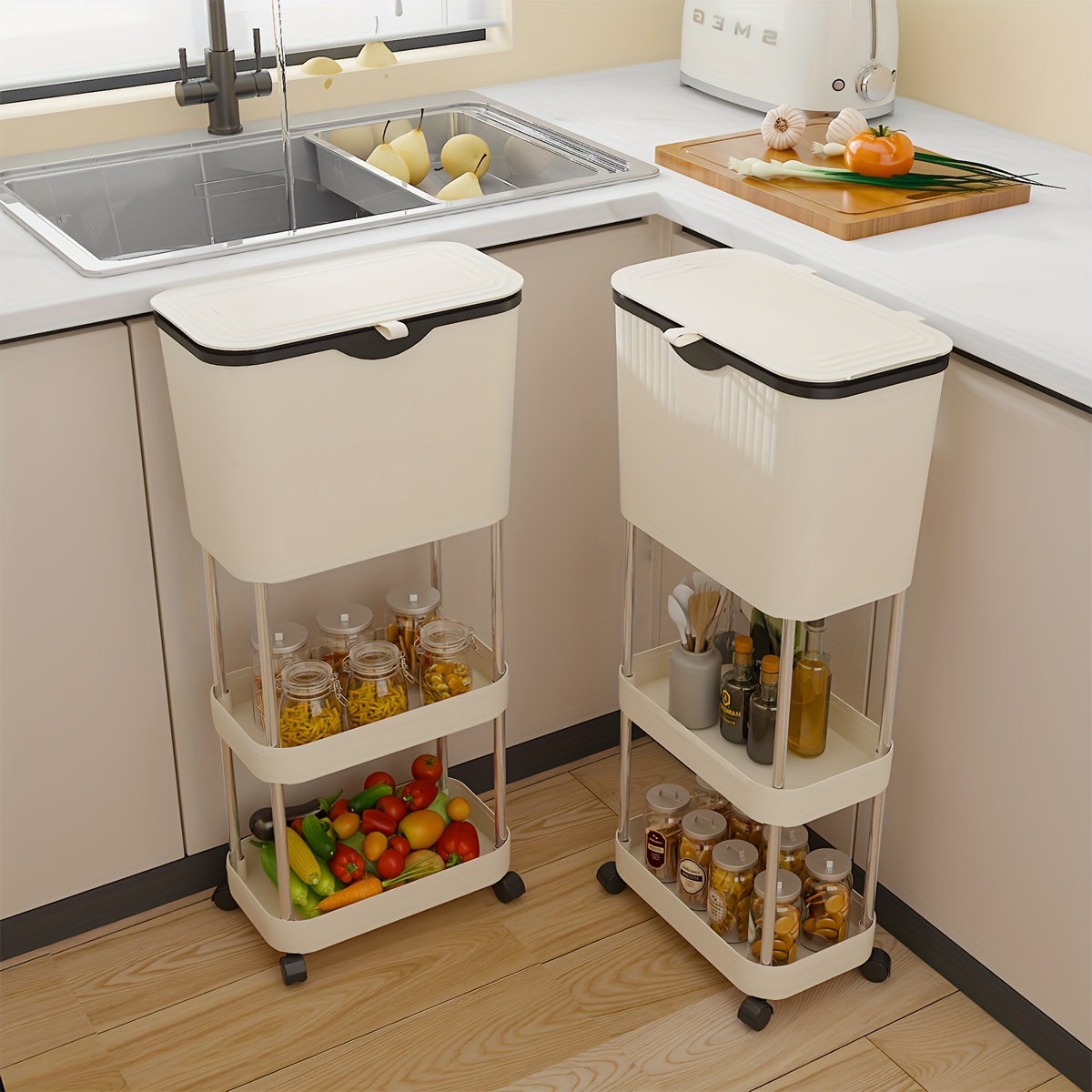 white kitchen trash lid storage shelves dog proof waste ...