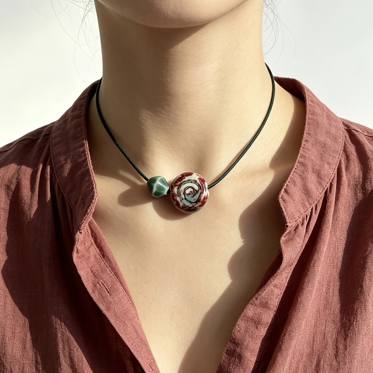 Women's Bohemian Vintage Ceramic Necklace with Geometric Beads