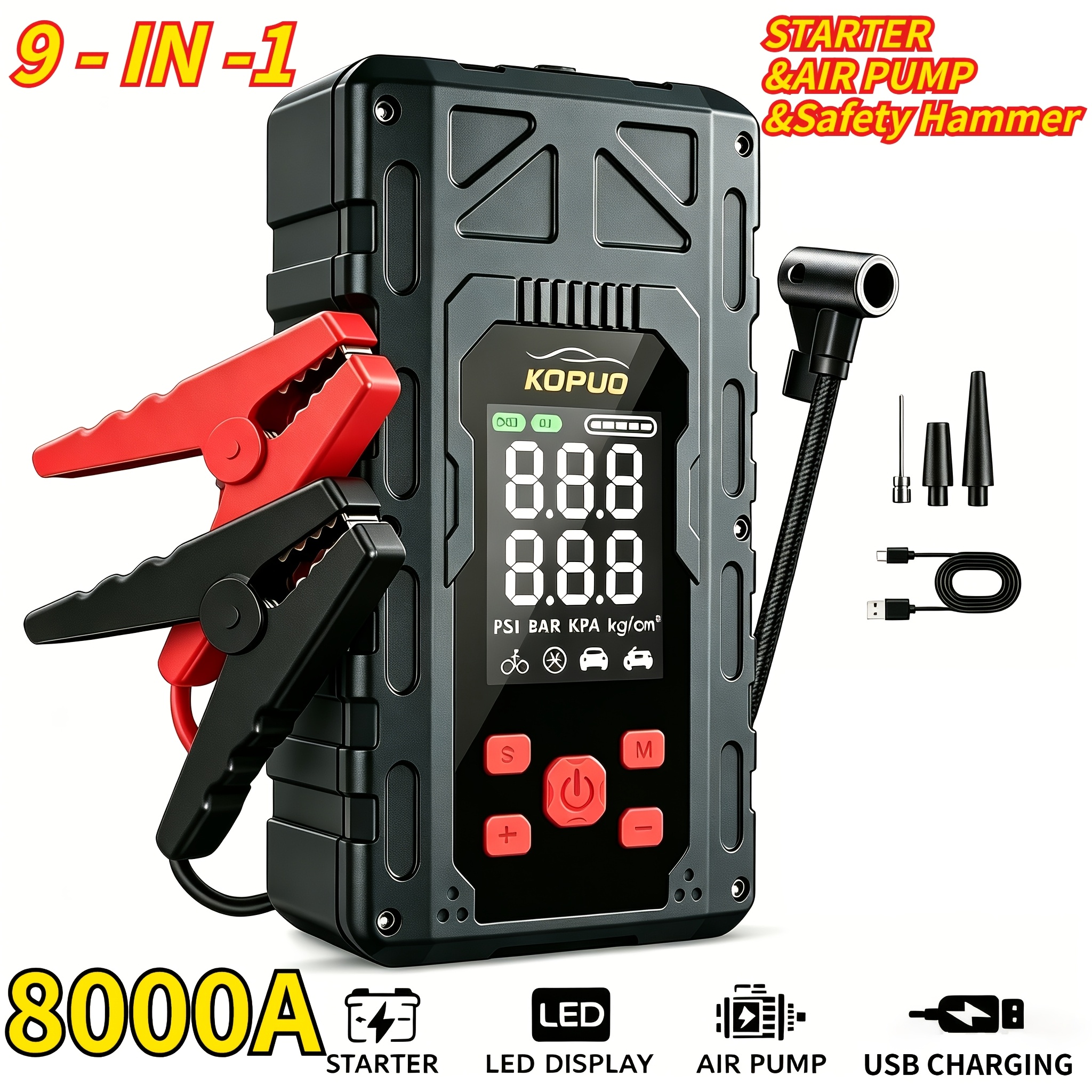 Image of 8000a/15000a Car Jump Starter With 150psi Air Compressor, 12v Emergency Battery Booster With Safety Hammer, Up To 10l Gas/8.0l Engine, 9-in-1 Power Bank Lcd Display Led Emergency Light