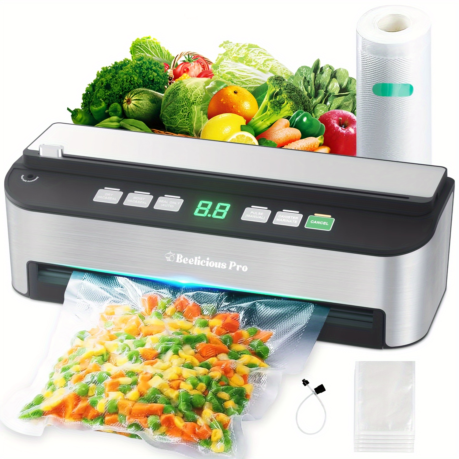 

1pc, Vacuum Sealer Machine, Beelicious® 85kpa Fully Automatic 8-in-1 Food Sealer With Bags Storage, Build-in Cutter, Moist Mode And Hose | Digital Countdown | Sous Vide