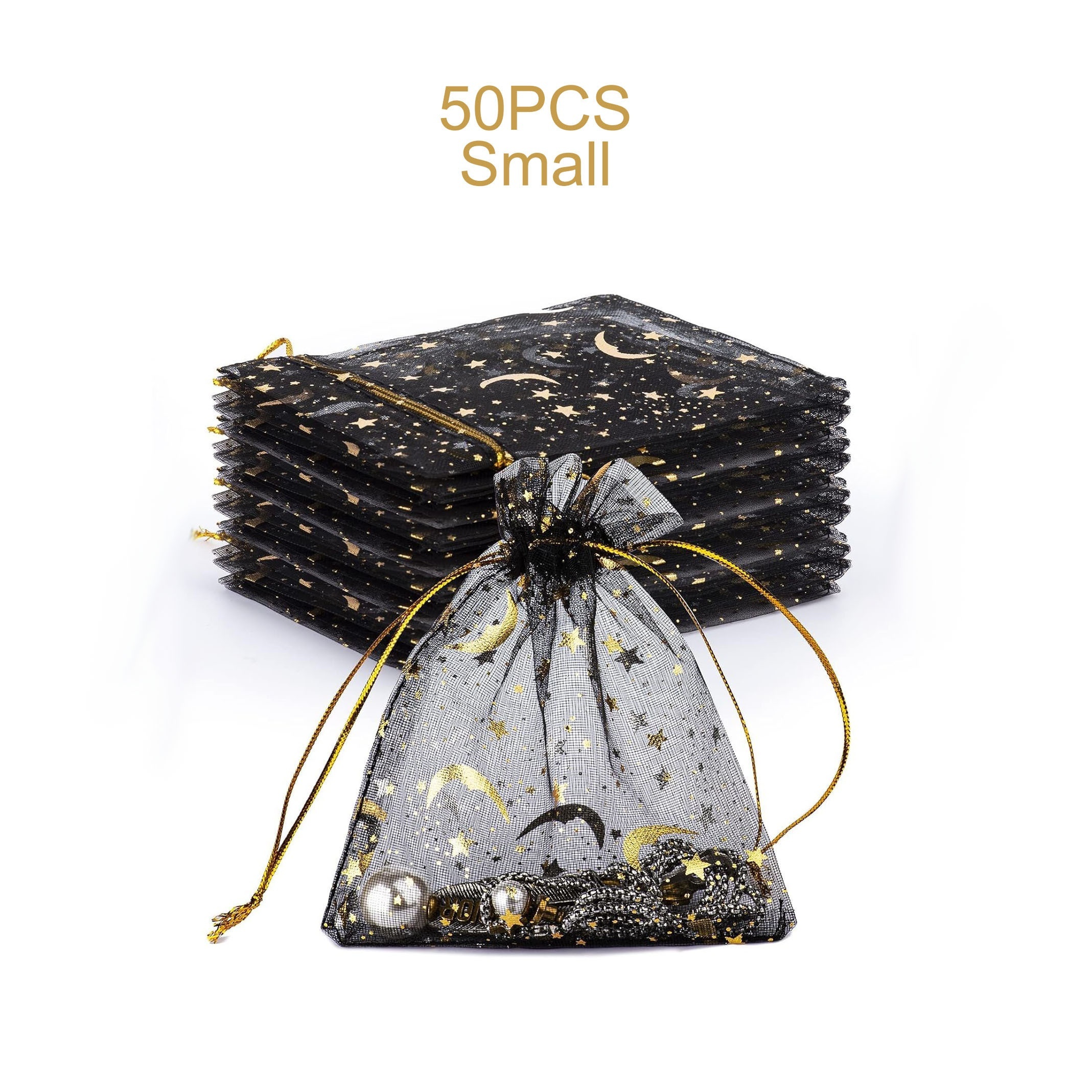 TEMU Gift For Her/him 50pcs Printed Orchid Organza Bags Candy Gift Stars And Black Bag, Makeup Organza Favor Net Gift Bags, Drawstring Goody Bags For