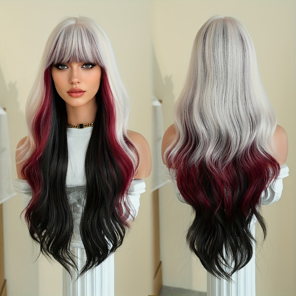 Image of Costume Wigs Long Loose Curly Ombre White Wigs Highlight Red Black Synthetic Wigs Halloween Dress Up Wigs Heat Resistant 30 Inch