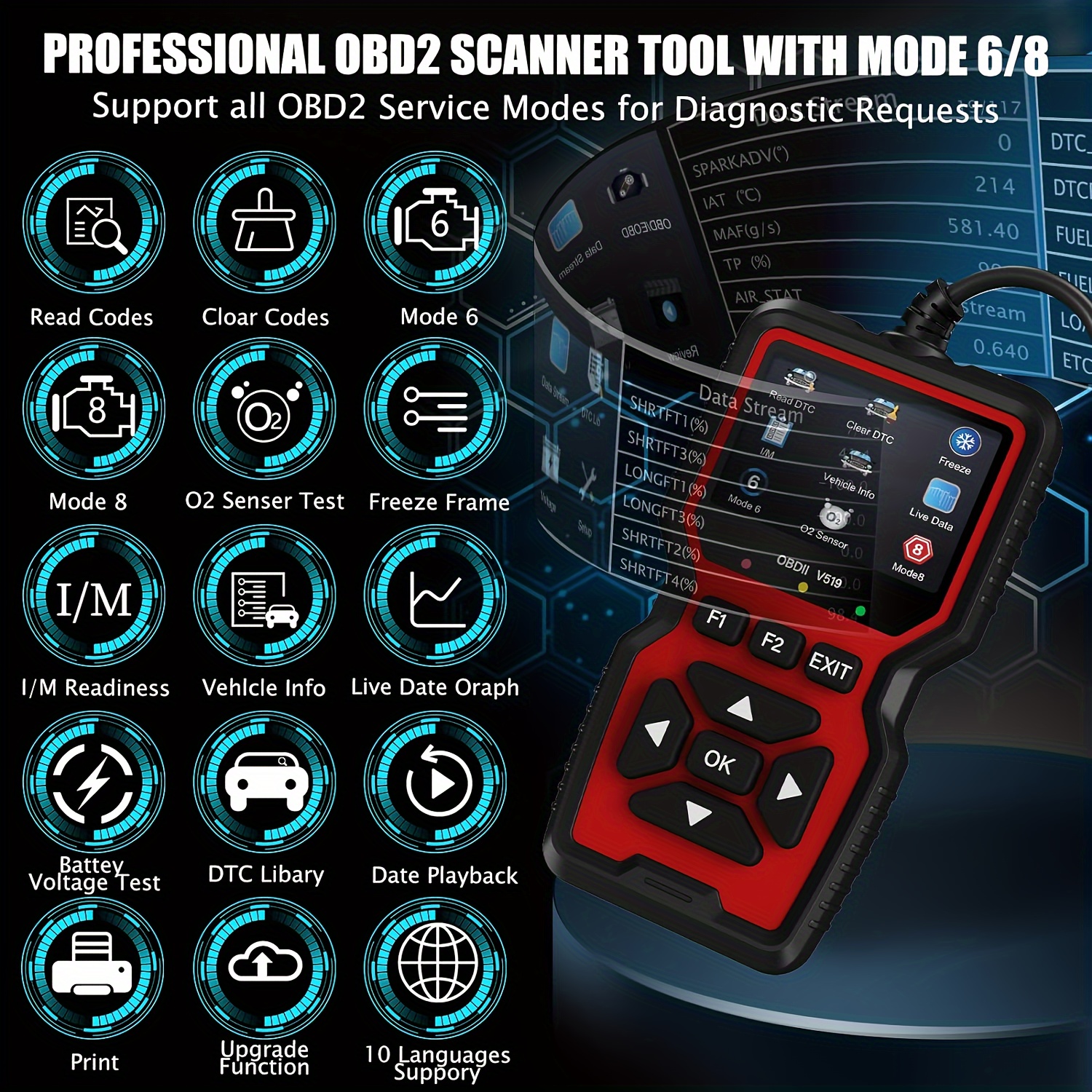 Détecteur de défauts de voiture V519 Obd2 Scanner Diagnostic de défaut  Testeur Multi Language Engine System Diagnostic Tool Code Reader