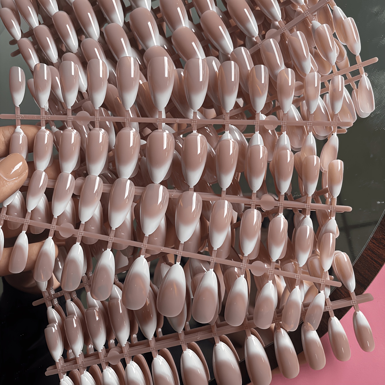 TEMU 109pcs (108 Sets Of Wearable Armors + 1 Packaging Bag) Long-style Almond-shaped French Pointed-toe Nail Clips In Shiny Nude Color With White