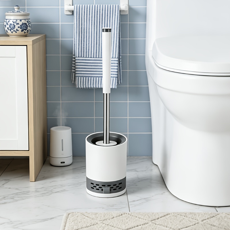 TEMU Soft Bristle Toilet Brush With Holder Set, Round Bathroom Cleaning Brush, Deep Cleaning Toilet Brush, Sturdy Long Handle, Quick Drying Toilet