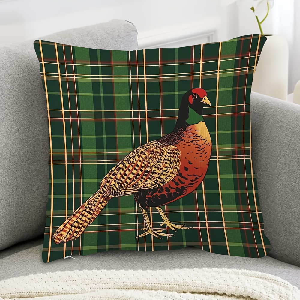 TEMU 1pc Of Double-sided Soft Throw Pillow Cover Featuring A Pheasant On And Red Tartan Design, Sofas, Chairs, Beds, Cars, And Living Rooms, Does Not