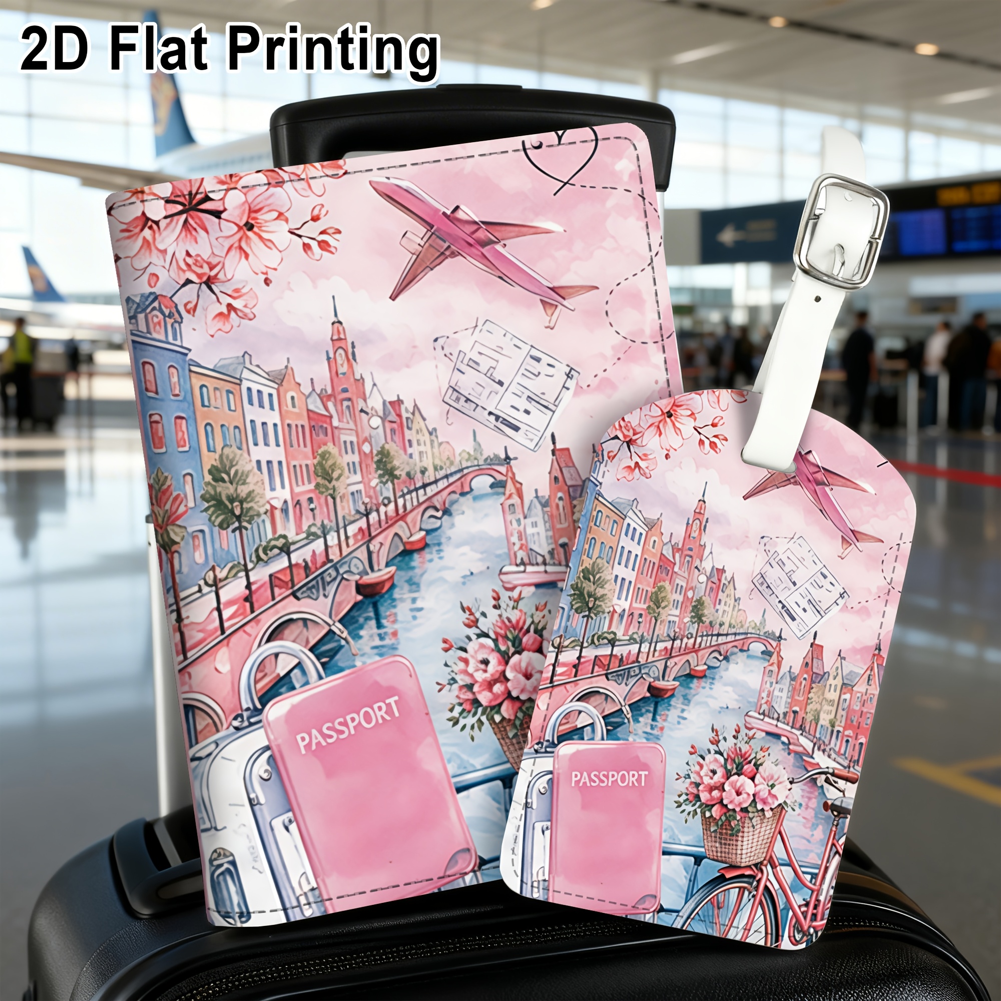TEMU 2pcs Set Pink Amsterdam Canal Cherry Travel Themed Bicycle Airplane Passport Holder Luggage Tag (2d Flat Printing),lightweight Pu