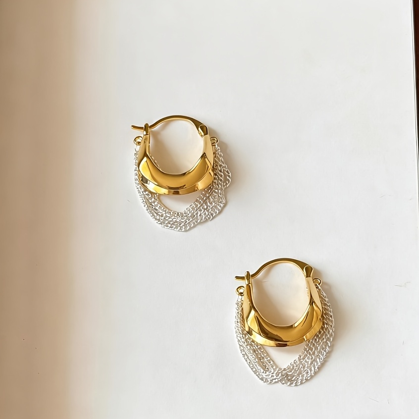 TEMU 2pcs Color- Chain Geometric Tassel Earrings, High-end Luxury, Niche Design, Easy And Elegant Earrings For Women