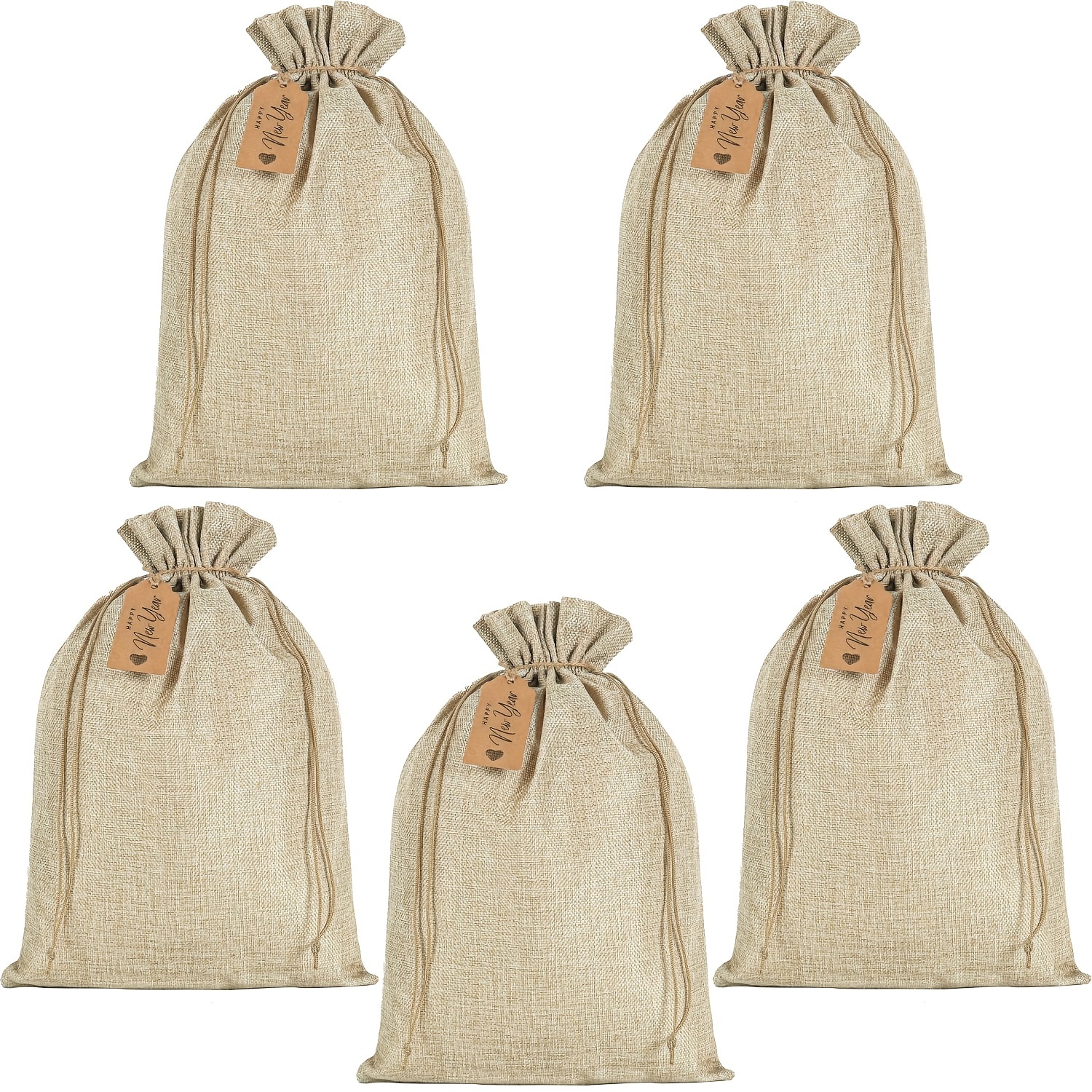 TEMU 5 Pack (5 Bags + Twine & Cards) Large Beige Linen Burlap Gift Bags With Drawstring Closure - 12"x16" (30x40cm) Rustic Wedding, Party Favor Sacks