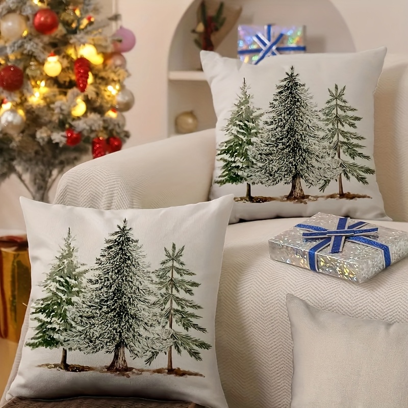 TEMU 2pcs Rustic Christmas Pillowcase Set - Snowy Print Design, White With Green And Brown Accents, Zipper Closure, Machine Washable, Suitable For