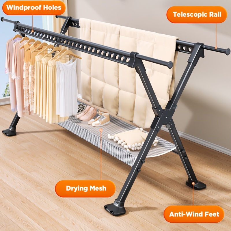 Image of Extendable Folding Clothes Drying Rack With Flat Drying Mesh, Extendable Up To 92.9in, No , Space- Laundry Airer For Indoor & Outdoor Use, For Balcony, Apartment, Laundry Room, Drying Racks