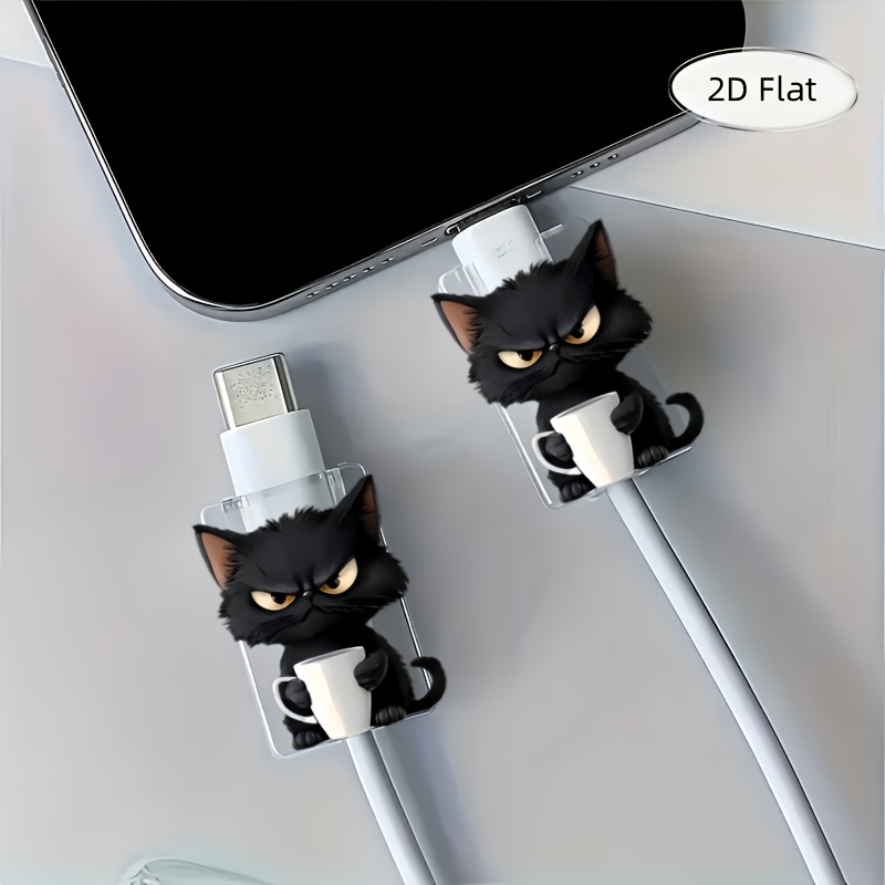 Image of 1/2pcs Angry Black Kitten Cable Protector Compatible For Type-c & Smartphone Cords - Cute Design, Durable Plastic Cord Protector Cover, Scratch-resistant Phone Wire Accessory, 2d Flat